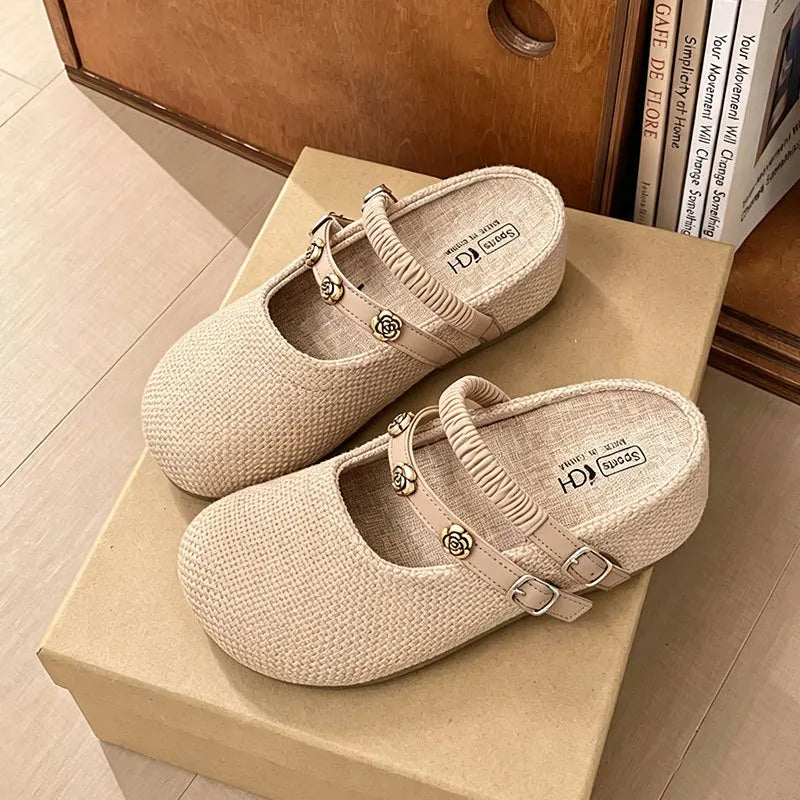 Women's Woven Mary Jane Mules Flat Round Toe Slip-On Shoes with Buckle Straps and Rose Hardware Casual Balletcore Summer Sandals