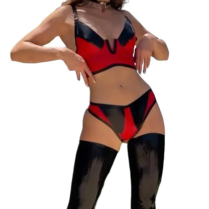European and American spicy girl comfortable contrasting PU leather slim fit shaping sexy lingerie two-piece set