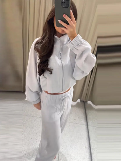 Stand Collar Thin Cropped Coats Pants Suits Women Street Lantern Long Sleeve Zipper Loose Tops Drawstring Wide Leg Trousers Sets
