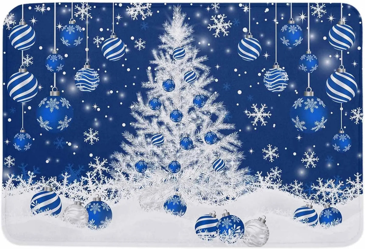 Merry Christmas Tree Snowflake Ball Navy Blue Non-slip Door Mat  Entrance Welcome Mat Balcony Hallway Rugs Christmas Decorations