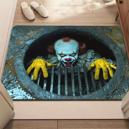 Sewer Terror Joker 3D Doormat, Polyester Non-Slip Absorbent Machine Washable Rug for Multi-Room Halloween Holiday Decor