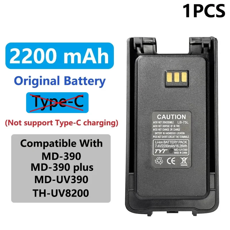 MD-390 Original Battery Enlarge Thicker Battery USB-C Charge 3600mAh Compatible With MD-UV390 MD-390Plus TH-UV8200 Walkie Talkie