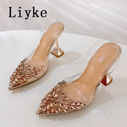 Liyke 2026 New Gold Silver Diamond Rivet Pointed Toe Slingback Sandal Women Pumps Sexy Clear High Heels Wedding Party Prom Shoes
