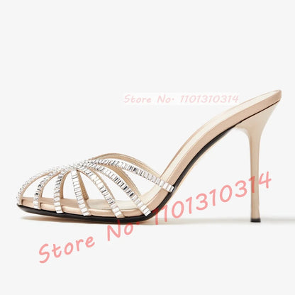 Gemstone High Heel Silk Slippers Women Luxury Caged Stiletto Heels Metallic Slippers Ladies Stylish Cross Strap Summer Shoes
