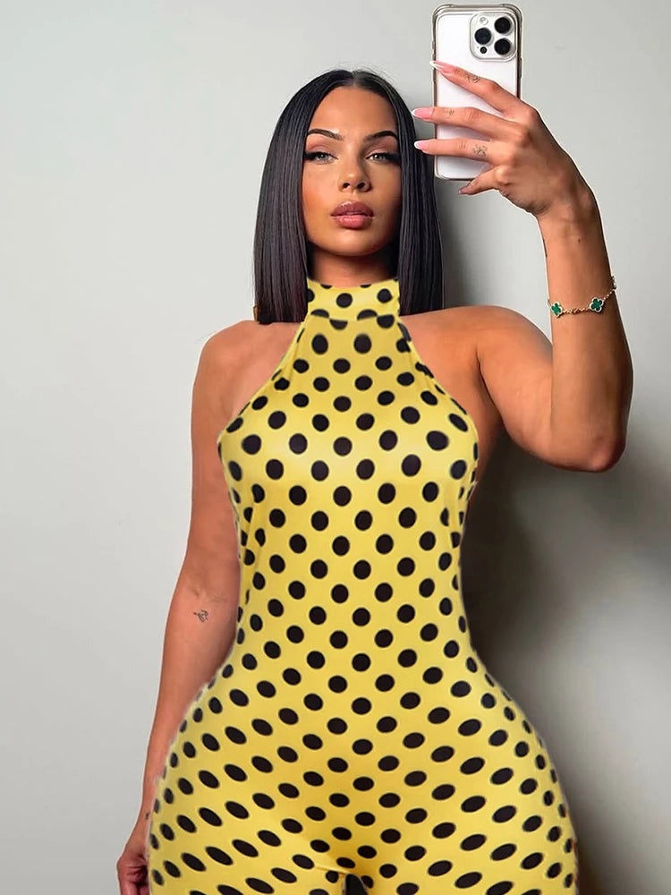 Weird Puss Colorful Print Romper Women Halter Bandage Summer Sexy Hipster Backless Activity Workout Fit Tight Stretch Playsuits