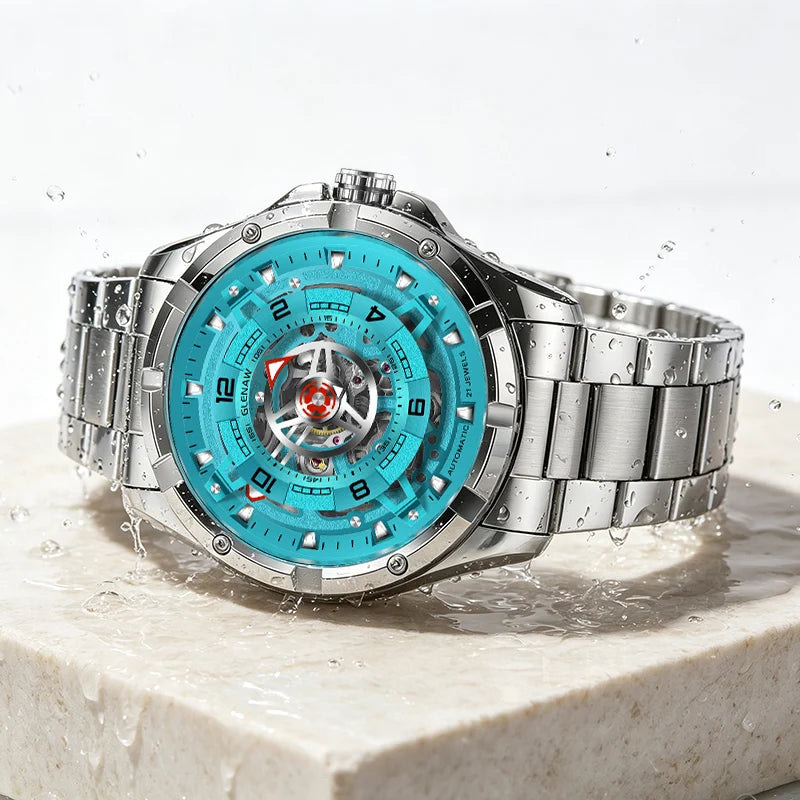 GLENAW Men Mechanical Watches Casual Outdoor Wristwatch Men Top Luxury Automatic Hollowed Watch Male Stainless Steel Waterproof