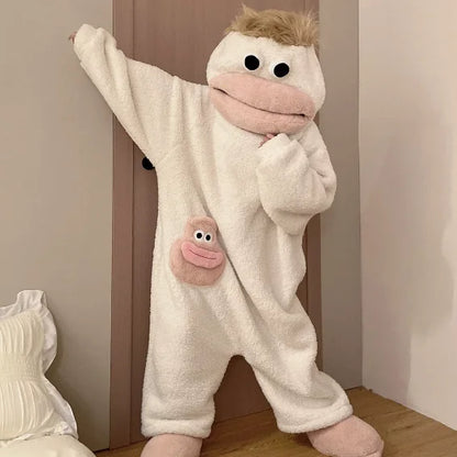 Cartoon Big Mouth Monster Cute Funny Onesie Pajamas Thickened Coral Fleece Homewear For Couples Men Women Autumn Winter Pajamas
