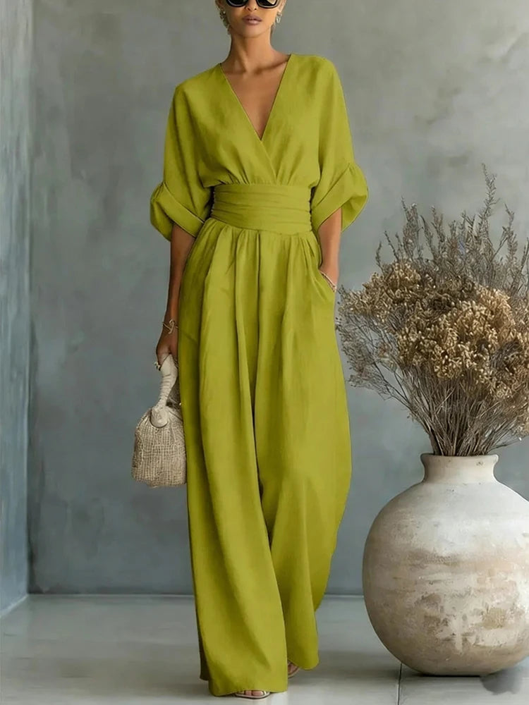 Women Elegant Linen V Neck Short Sleeve Jumpsuit Waist Cinched Wide Leg Long Pants Rompers with Pockets Casual Ladies Overalls