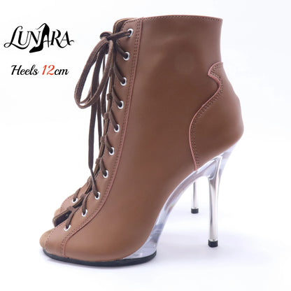 12cm/5Inch Plus size Beige PU Leather Lace-up Side zipper Peep toe High Stilettos Ankle boot Pole dancing Nightclub Rave Parties