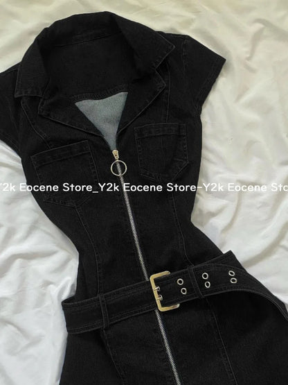 American Retro Black Denim Short Dress Women Summer Zipper Elegant Slim One Piece Dress Korean Fashion Design Casual Clothing