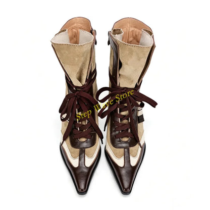Patchwork Wedges Lace Up Ankle Booties Sexy Pointy Toe Runway 2026 Winter Autumn Women Handmade Dress Shoes Mixed Color