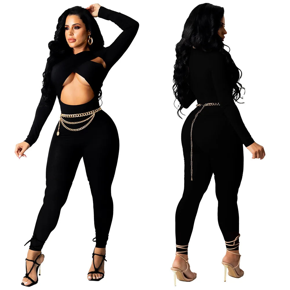 CM.YAYA Women Hollow Out Cross Sexy Party Clubwear Long Sleeve Jumpsuits 2024 Winter Autumn Street Crop One Piece Suit Rompers