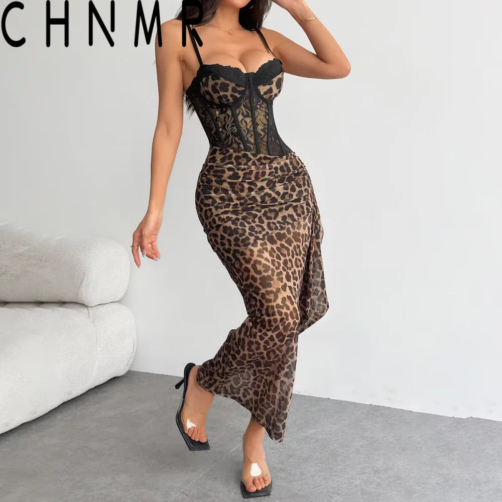 CHNMR Vintage Leopard Print Patchwork Lace Women Long Dress Sexy Off Shoulder Sleeveless Backless Bodycon Maxi Dresses for 2026