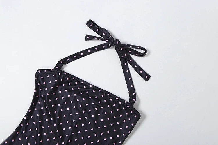 Weird Puss Sexy Backless Rompers Woman Polka Dot Print Bandage Halter Sleeveless Skinny Peach Hip High Street Fashion Playsuits