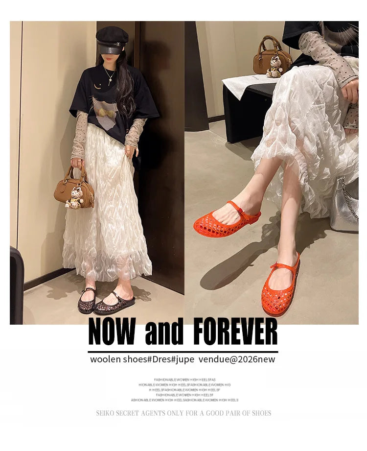 Women's Light Luxury Crystal Jelly Mary Jane Flat Sandals Hollow-out Breathable Closed Toe Summer Casual Non-slip Slip-on Shoes