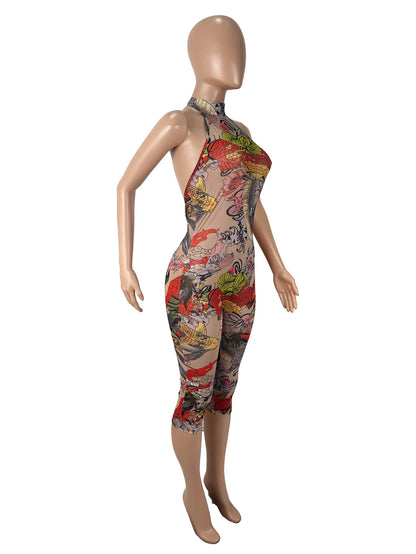 Sheer Mesh Print Transparent Sexy Bodycon Backless Jumpsuit Women Sleeveless Summer Rompers Jumpsuits for Women Playsuit