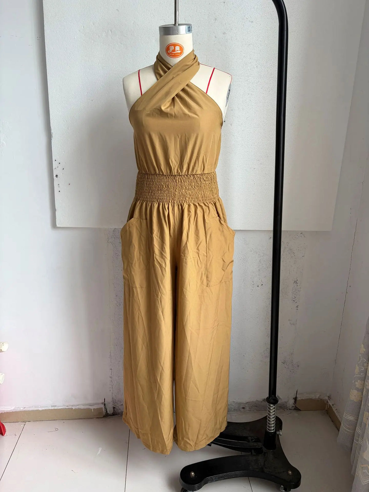 Retro Solid Women's Loose Wide Leg Jumpsuit Fashion Neck Hanging Design Sexy Backless Romper With Pocket Ladies Office Jumpsuits