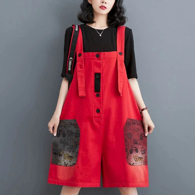 Denim Jumpsuits 2026 Summer Fabric Patch Pants Korean Style Wide Leg Shorts Loose Playsuits One Piece Outfits Women Clothing
