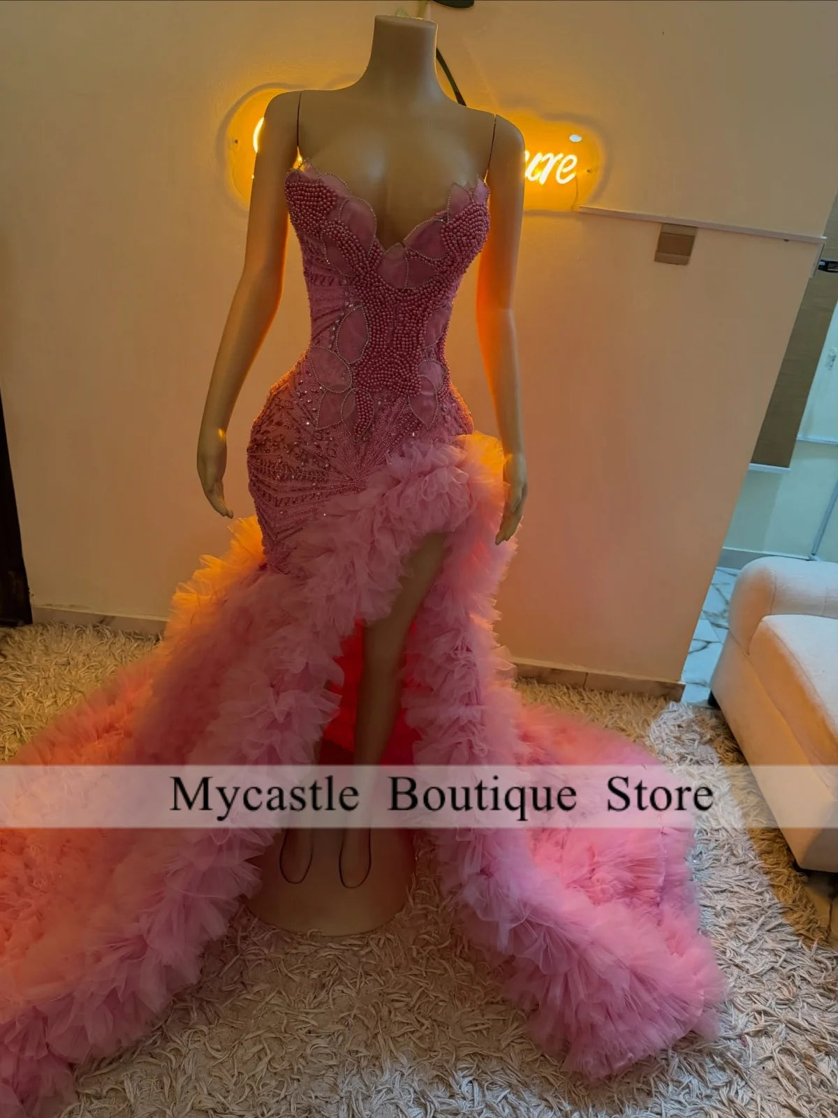 Luxury Pearl Beaded Deep Purple Spaghetti Strap Diamond Prom Dresses High Slit Ruffle Tulle Train Evening Gown Customized