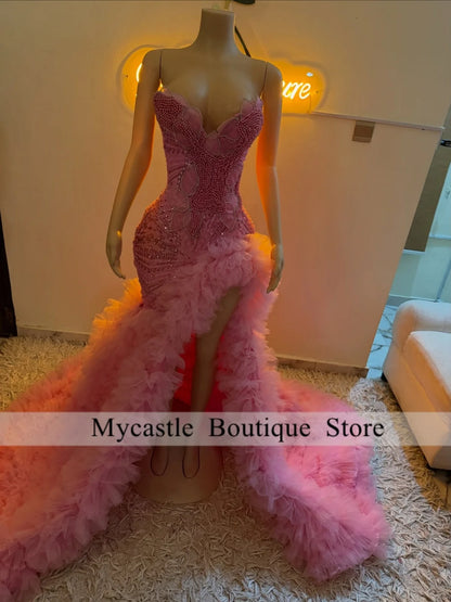 Luxury Pearl Beaded Deep Purple Spaghetti Strap Diamond Prom Dresses High Slit Ruffle Tulle Train Evening Gown Customized
