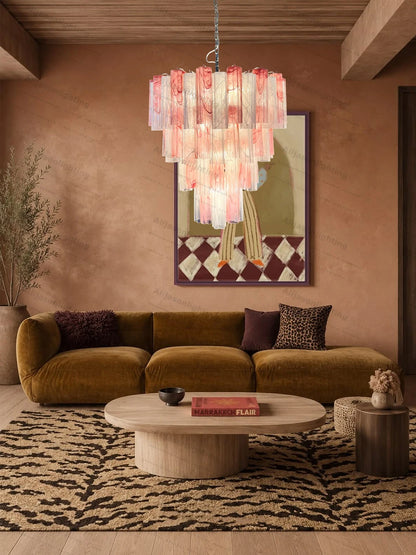 Elevate Your Living Room With Our Textured Pink White Glass 2026 Chandelier High-end Pendant Light Gold Chrome Dimming Function