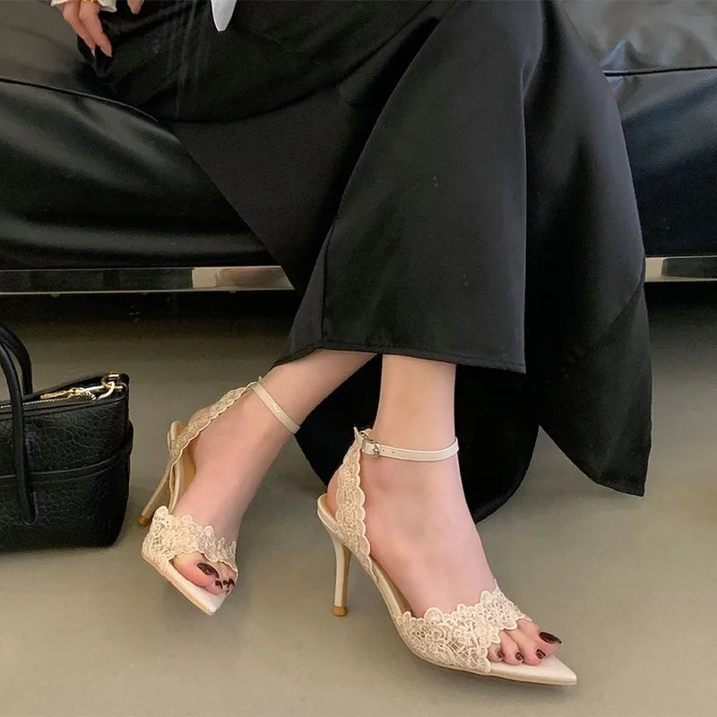Luxury Lace Embroidery Ankle Strap Buckle Women Gladiator Sandals Elegant Thin High heels Summer Fashion Party Wedding Shoes