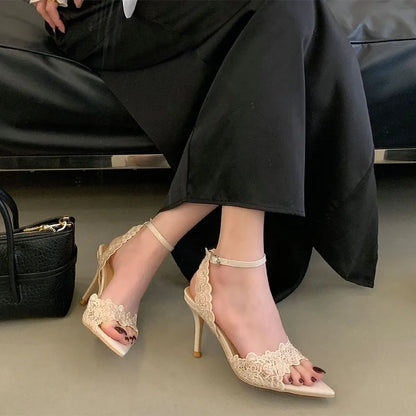 Luxury Lace Embroidery Ankle Strap Buckle Women Gladiator Sandals Elegant Thin High heels Summer Fashion Party Wedding Shoes
