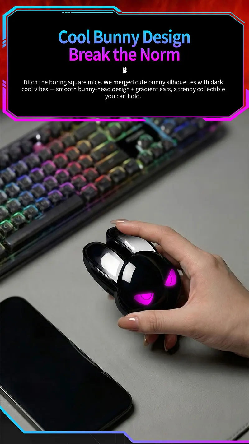 MOFII M6C Evil Rabbit Dual-mode Mouse, Black Cool Rabbit Shape, RGB Ambient Light, Silent Rechargeable, Multi-device Compatible