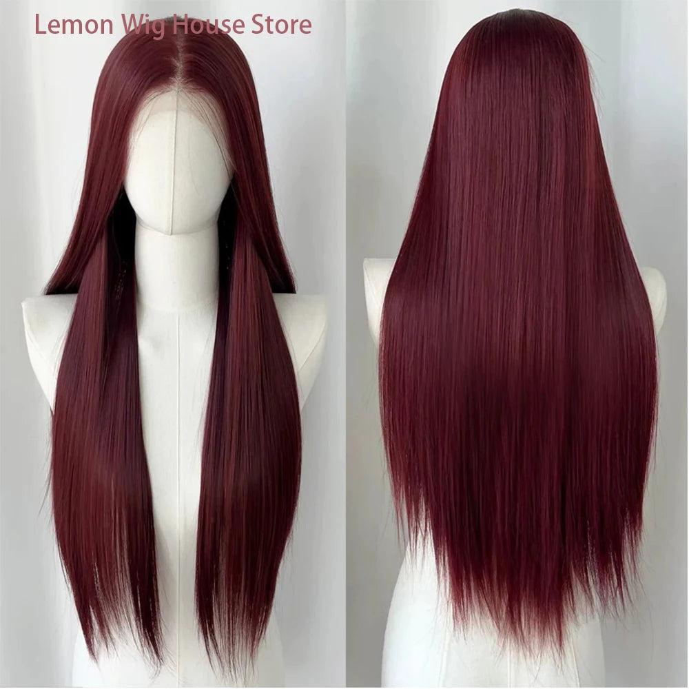 Wine Red Lace Front Wig Anime Cosplay Wig 28inch Long Straight Synthetic 13x4 Lace Front Wig Lolita High Quality Fibers Wigs