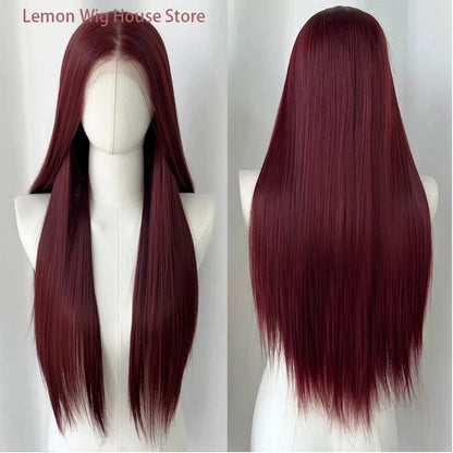 Wine Red Lace Front Wig Anime Cosplay Wig 28inch Long Straight Synthetic 13x4 Lace Front Wig Lolita High Quality Fibers Wigs