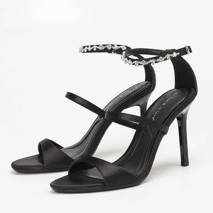 Luxury Rhinestone Satin Elegant High Heels Women Ankle Buckle Open Toe Fashion Sandals Female Designer Wedding Dress Shoes Party