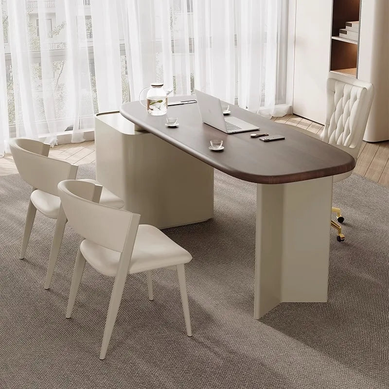 French cream wind book table and chair combination retro walnut solid wood with cabinet light luxury computer desk medical beaut