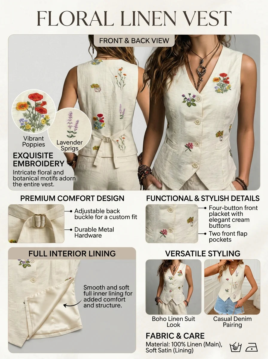 New Arrival Women's Linen Waistcoat for Spring Summer & Autumn, Exquisite Embroidery Craft, Back Waist Adjustable Buckle, Elegan