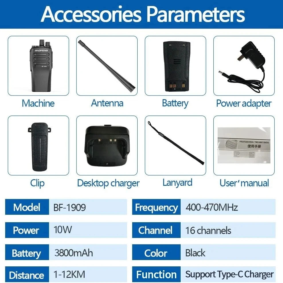 BAOFENG 1909 This 12W High-Power Walkie-Talkie Is Easy To Use And Features A 3800Mah Battery For Long Battery Life.