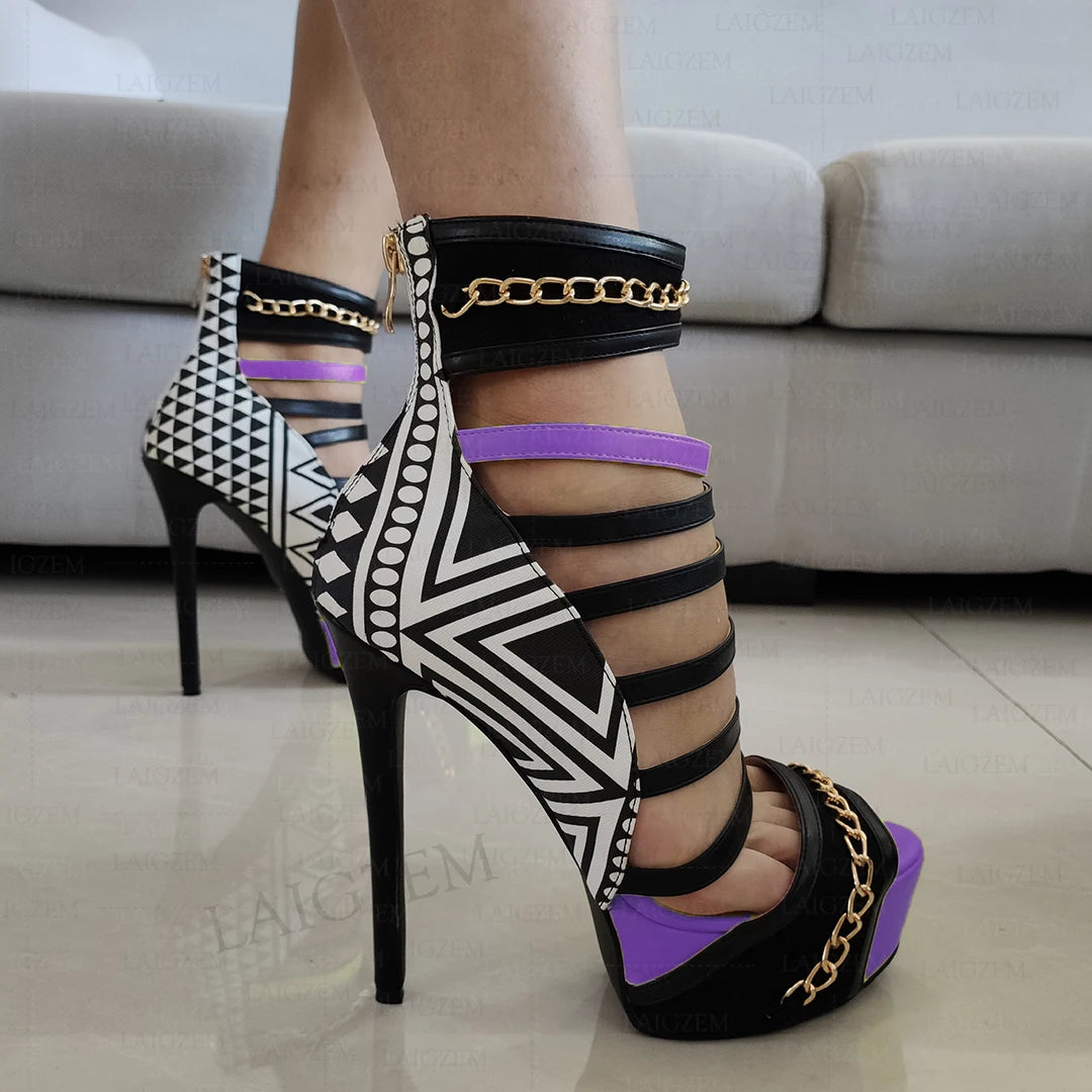 LAIGZEM Women Platform Sandals Back Zip Stiletto High Heels Pumps Multi Colors Prom Ladies Shoes Woman Big Size 41 43 44 46 52