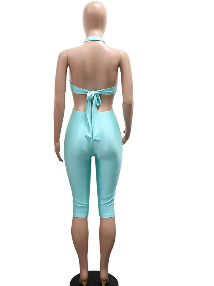 Kricesseen Sexy Cut Out Halter Bandage Jumpsuit Women O Ring Backless Bodycon Romper Summer Nightclub Party Festival Outfit