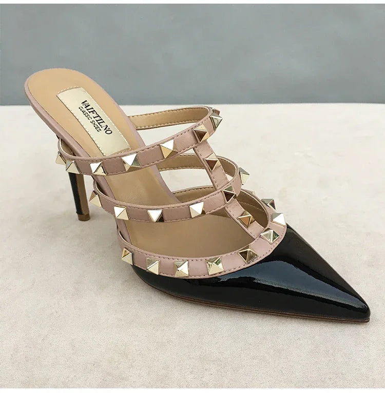 Women's sandals luxury Brand Shoes Woman 2025 trend Ankle Strap Summer Rivets High Heels Slippers Design Pointed Toe Sexy party