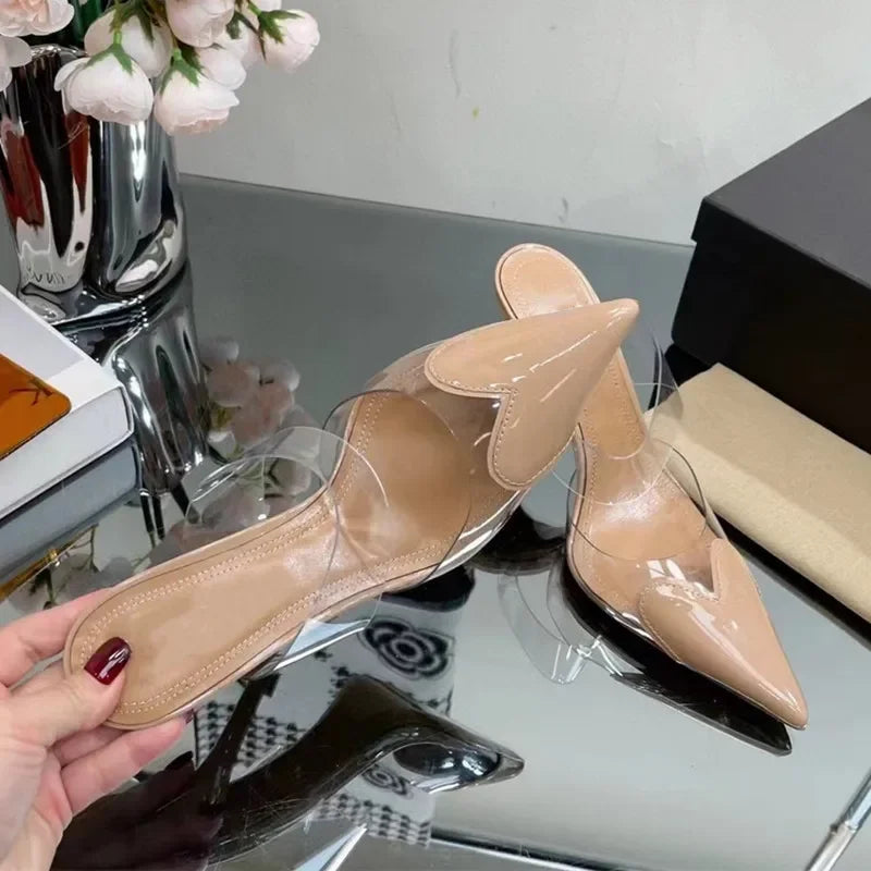 Elegant Pointed Toe Transparent PVC Heart High Heels Mules Slipper Shoes Women 2025 Black White Red Shoes Luxury Designer Pumps