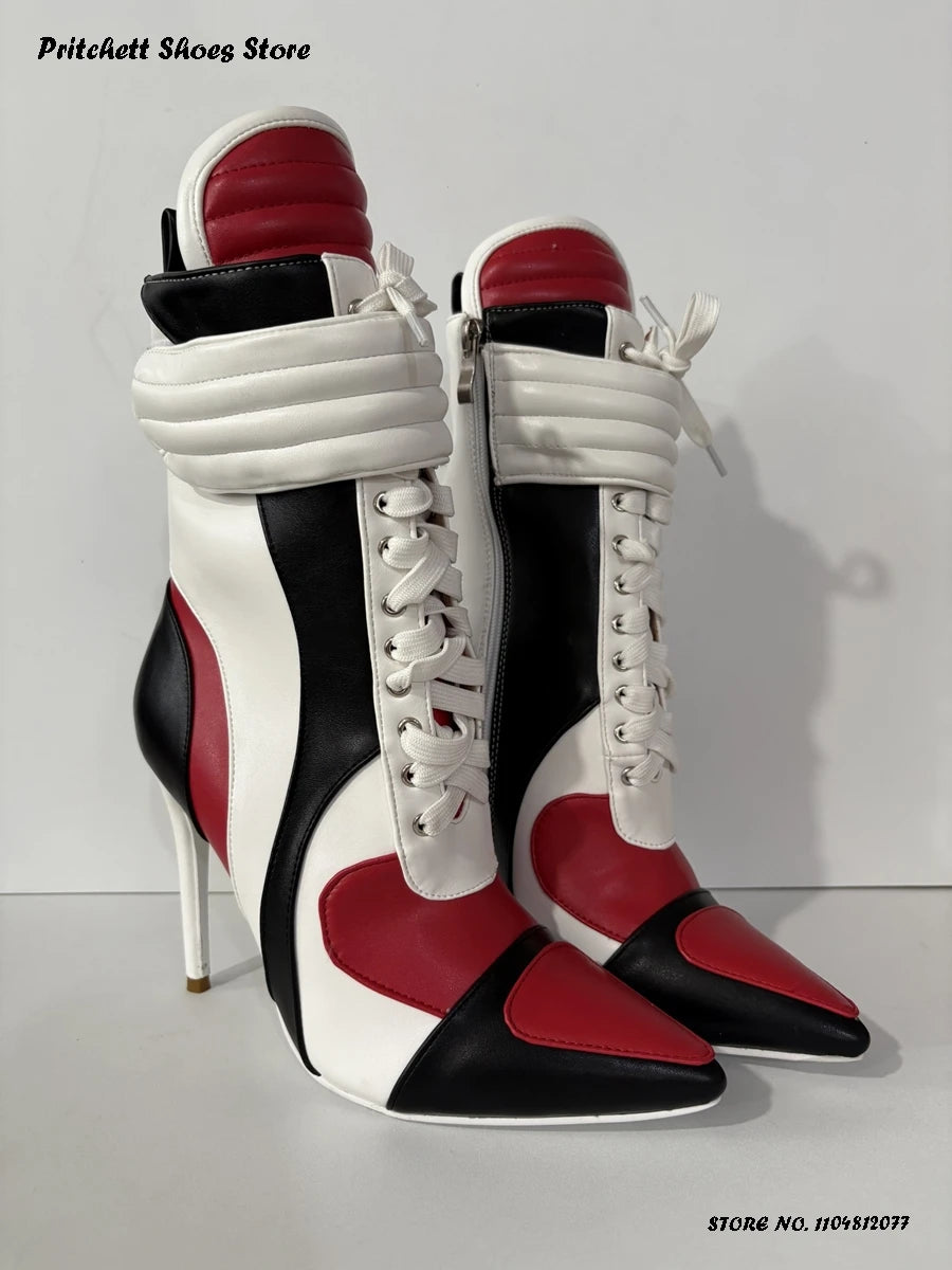 Women's Sports Style Stiletto Booties Patchwork Cross-tied Trending Ankle Boots Pointed Toe Thin Heels Side Zip Plus Size Shoes