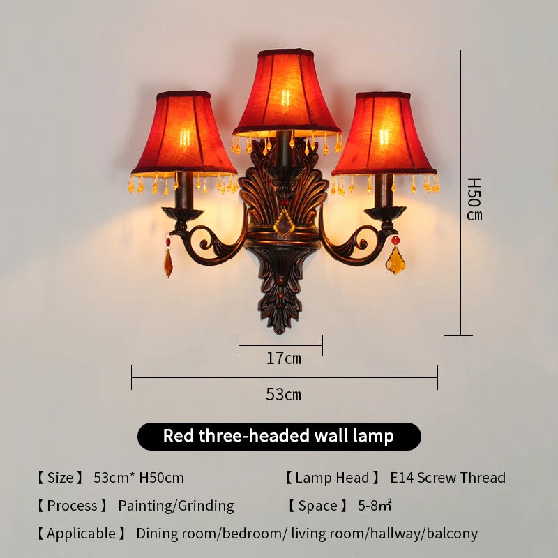 Retro American European Iron Art Red Cloth Crystal Wall Lamp for Hall Restaurant Bedroom Walkway Hotel Bar Decorative Wall Light
