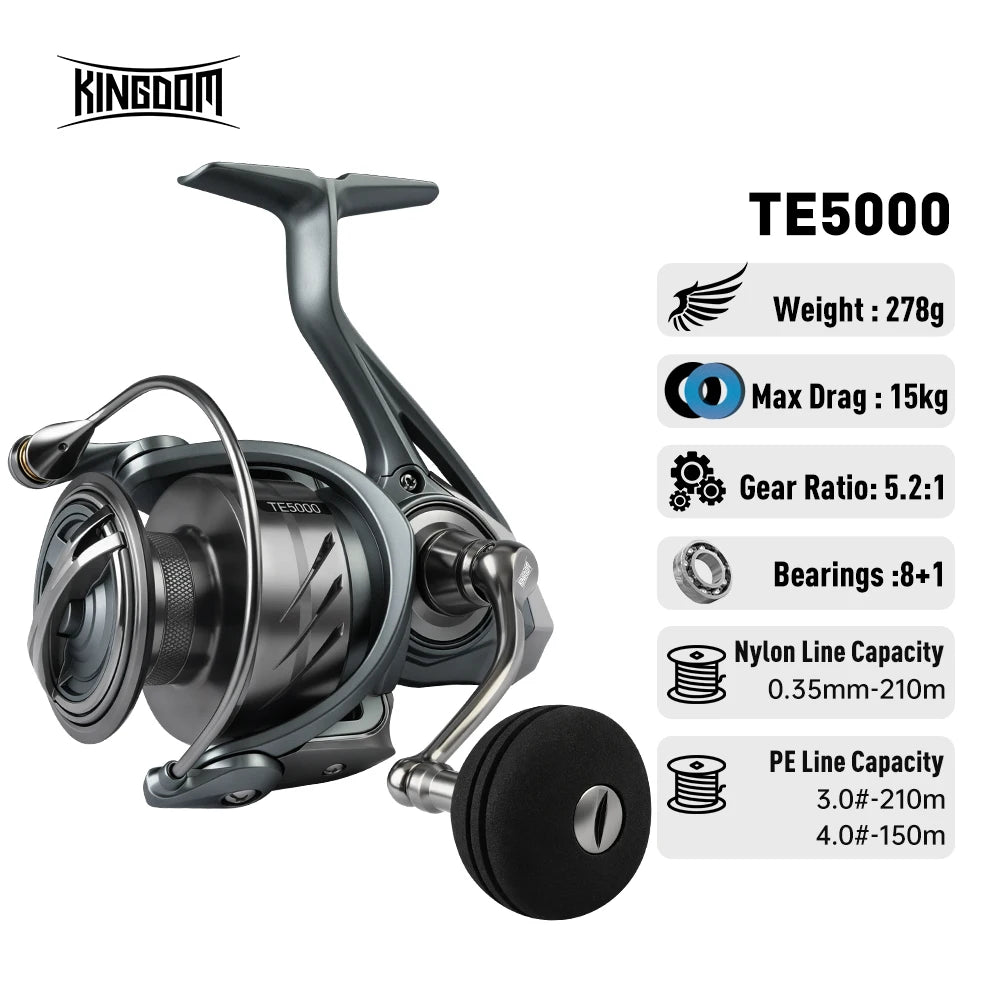 Kingdom TERTIA Spinning Fishing Reel Ultra-Long Casting 1000-5000 Max Drag 15KG 8+1 BB 5.2:1 Freshwater Saltwater Fishing