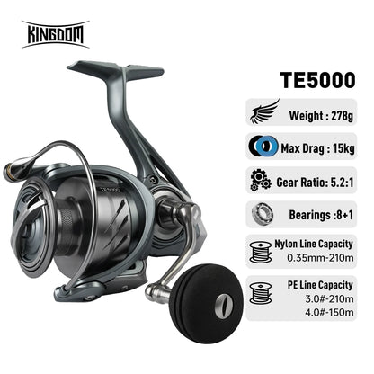 Kingdom TERTIA Spinning Fishing Reel Ultra-Long Casting 1000-5000 Max Drag 15KG 8+1 BB 5.2:1 Freshwater Saltwater Fishing