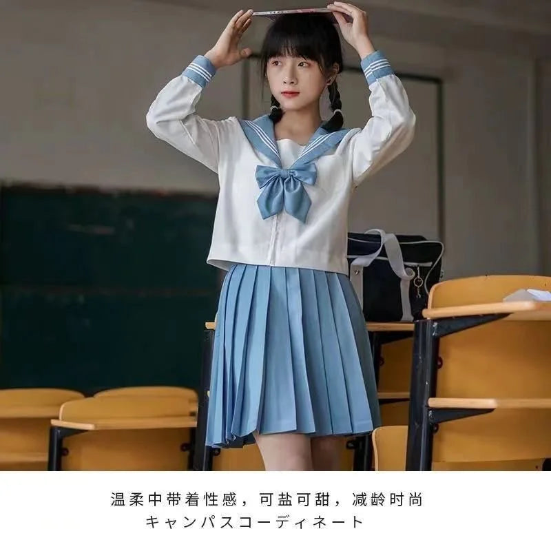 JK Genuine Blue Three-book Sailor Suit Uniform JK Basic College Style Orthodox School Uniform Short Long-sleeved Japanese Suit