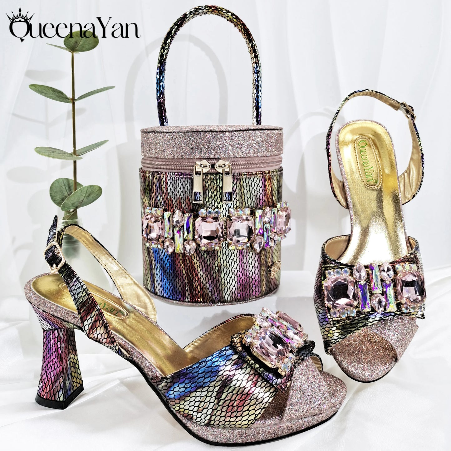 Queena Yan Newest Sweet Style Pink Color High Heels With Colourful Bucket Bag Fashionable Womens Footwear And Accessories Set