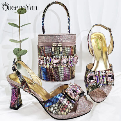 Queena Yan Newest Sweet Style Pink Color High Heels With Colourful Bucket Bag Fashionable Womens Footwear And Accessories Set
