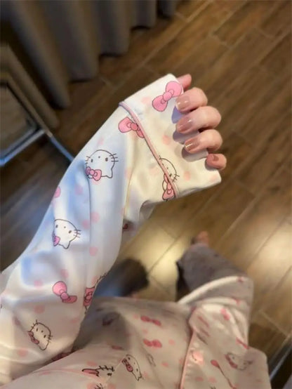 Sanrio New Pajamas 2Pcs Hello Kitty Polka Dots Pajamas Princess Style Female Autumn New Long Sleeves Dormitory Home Clothing Set
