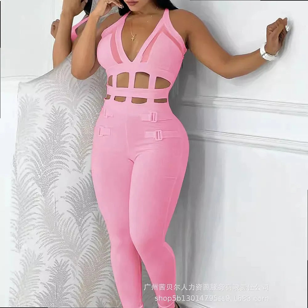 Sexy White Hollow Out Tie Neck Bodysuit Jumpsuit Bodycon Overall Playsuit Spring Summer