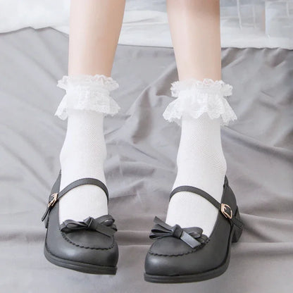 Women's Japanese Lolita JK Ankle Socks Kawaii Cotton with Lace Trim - Cute White/Black Crew Socks for Girls Cosplay Casual Wear