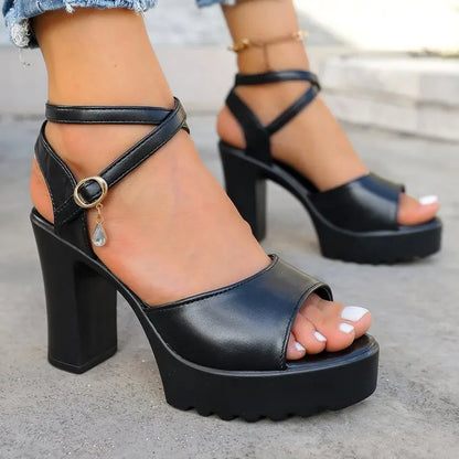 Summer Luxury Diamond Buckle Strap Women's Pumps Square Heel Solid Pumps Shoes Women Fashion Pu Platform High Heels Female