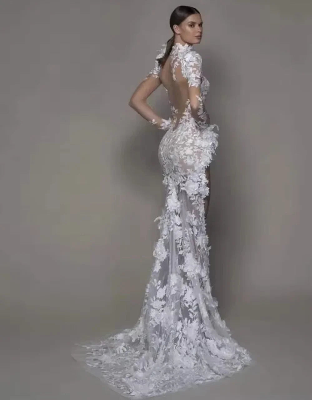 Customized Vestidos De Novia 3D Flower Bride Robe Sexy Illusion High Slit Bridal Gown Robe De Mariée Mermaid Wedding Dresses